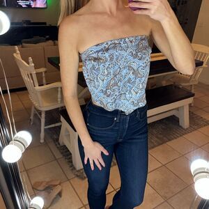 Hollister Blue & Brown Paisley Print Silky Strapless Bandana Top